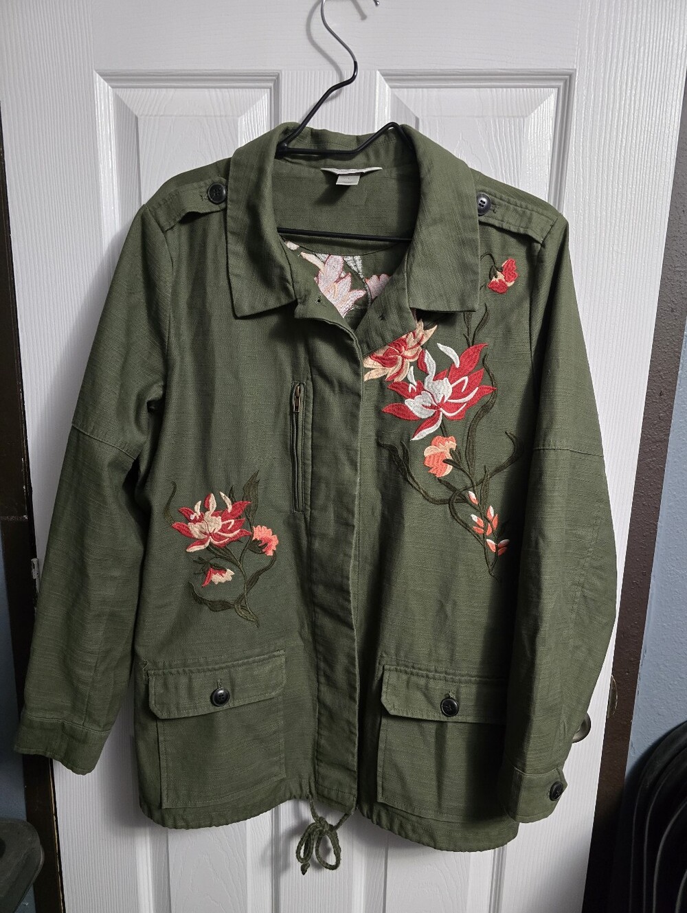 Christopher & Banks Olive Green Utility Jacket with Floral Embroidery
